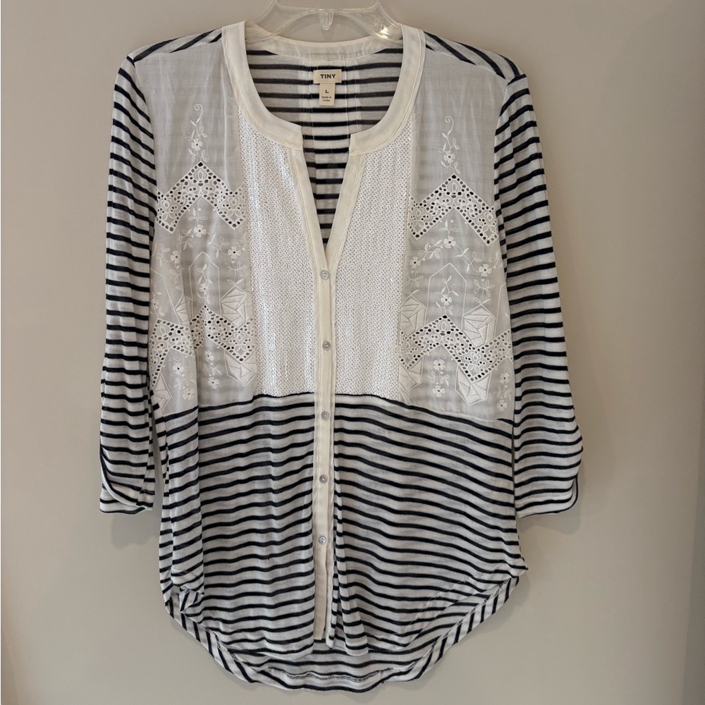Tory Burch White and Black Striped Button Down Shirt